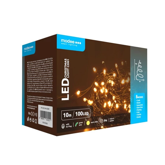 Karácsonyi LED Füzér Műanyag (100LED/10m/10cm) meleg fénnyel, adapteres