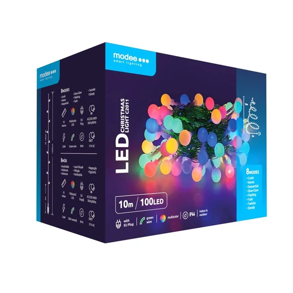 Karácsonyi LED Bogyós Füzér Műanyag (100LED/10m/10cm) multicolor, adapteres