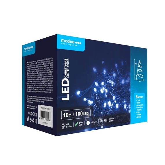 Karácsonyi LED Füzér Műanyag (100LED/10m/10cm) hideg fénnyel, adapteres