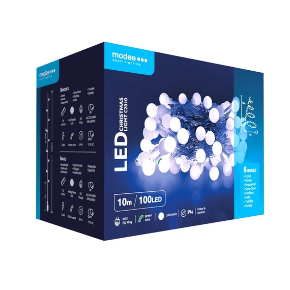 Karácsonyi LED Bogyós Füzér Műanyag (100LED/10m/10cm) hideg fénnyel, adapteres