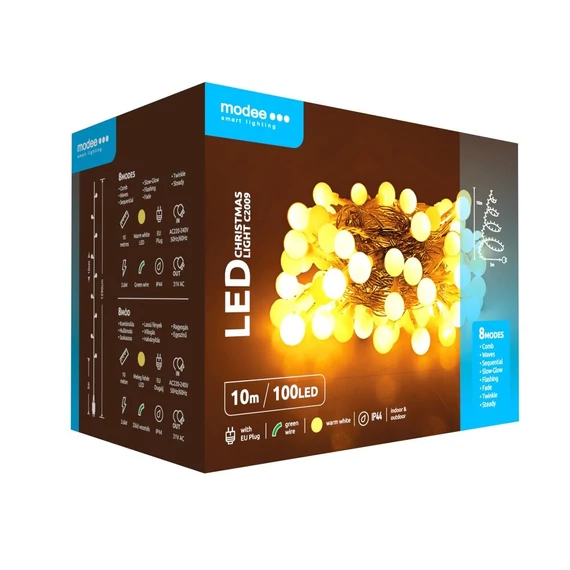 Karácsonyi LED Bogyós Füzér Műanyag (100LED/10m/10cm) meleg fénnyel, adapteres